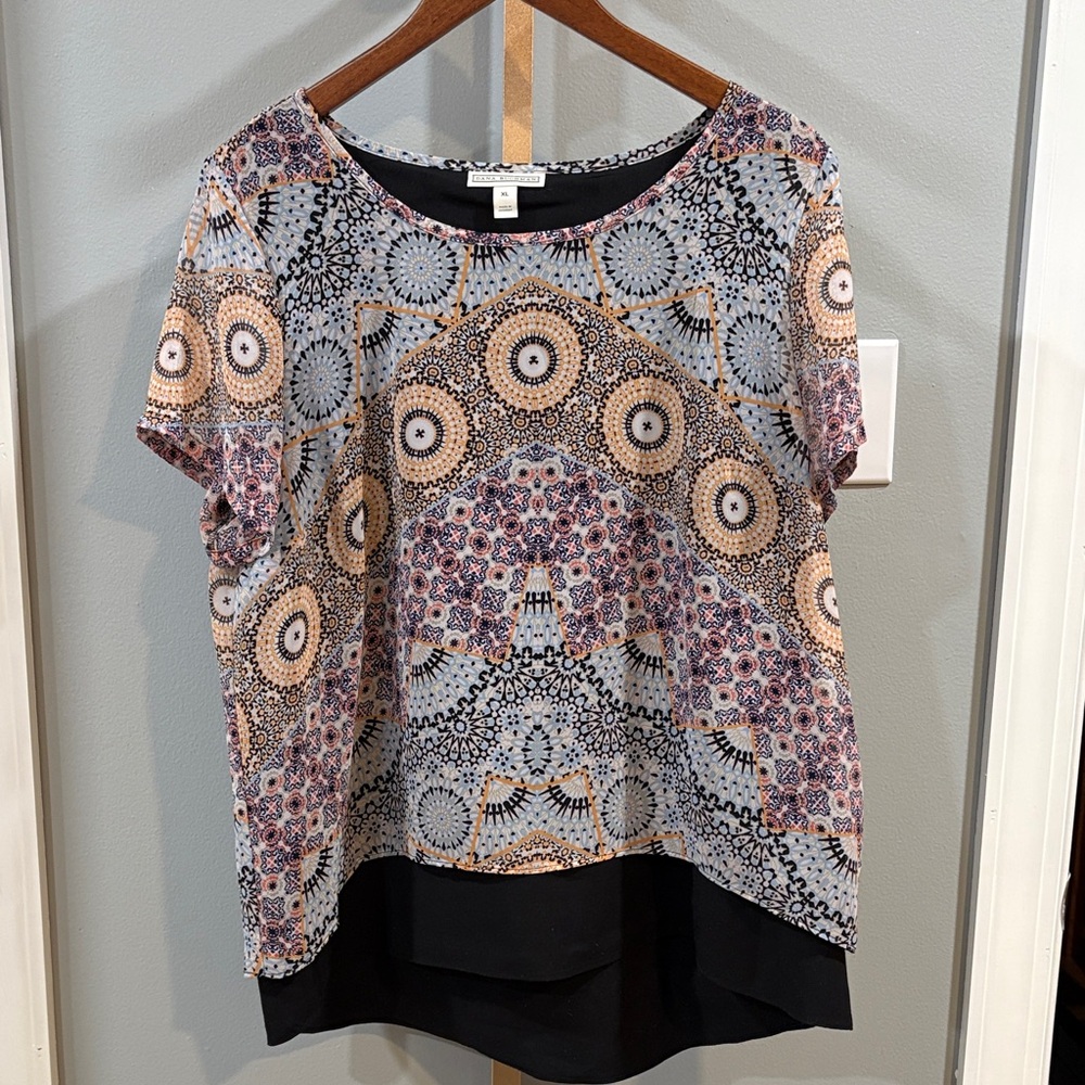Dana Buchman Geometric Print Blouse - Black, Cream, and Tan